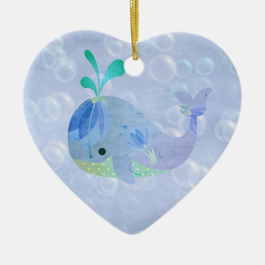 クジラの魚の男の赤ちゃんの誕生の発表のハート セラミックオーナメント (正面)