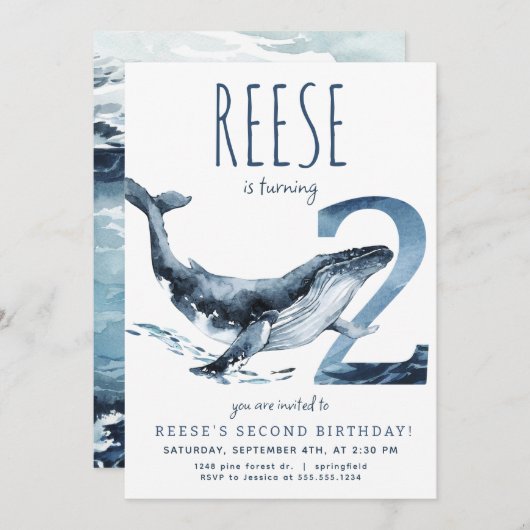 クジラの2歳誕生日招待状 招待状 (正面/裏面)