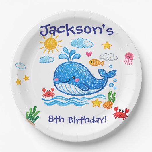 クジラをテーマにした夏の子供の誕生日パーティー ペーパープレート (正面)