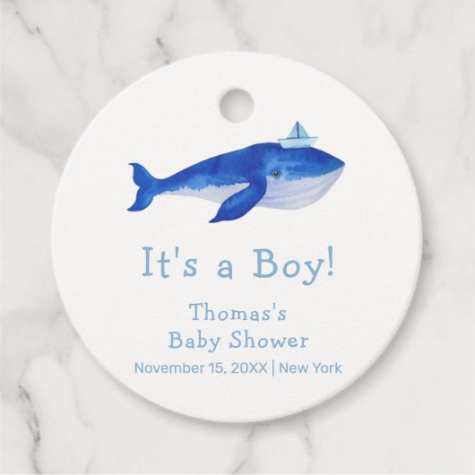 クジラモダンの赤ちゃんシャワーの下の青い男の子 フェイバータグ (正面)