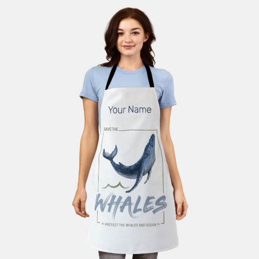 クジラ保護と海水彩セタセアン エプロン (着用した状態)