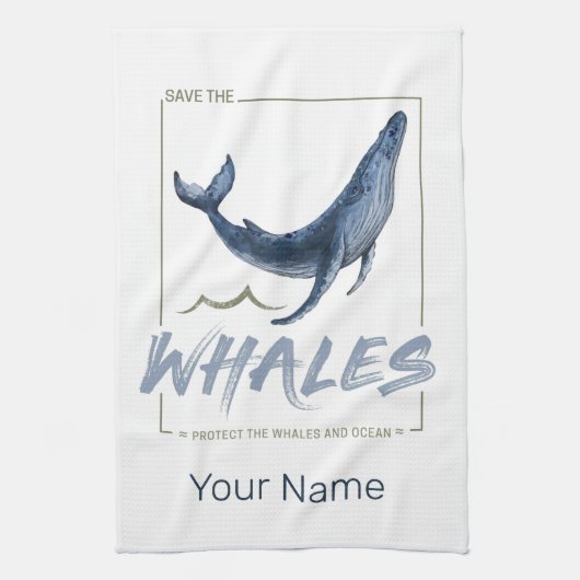 クジラ保護と海水彩セタセアン キッチンタオル (縦)