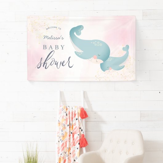 クジラ水彩ピンクガール赤ちゃんシャワーへようこそ 横断幕 (インサイチュ)