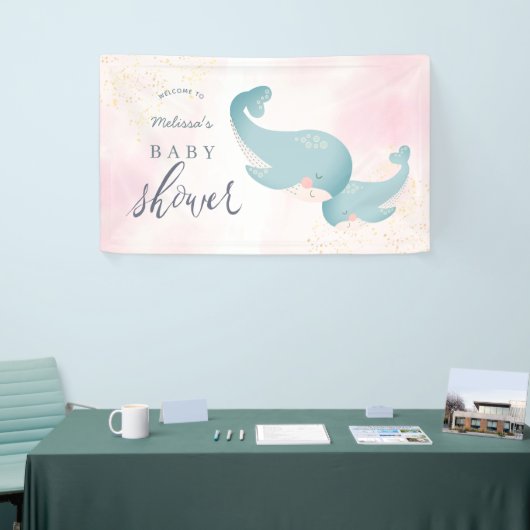 クジラ水彩ピンクガール赤ちゃんシャワーへようこそ 横断幕 (トレードショー)