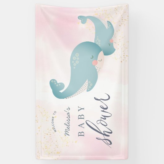 クジラ水彩ピンクガール赤ちゃんシャワーへようこそ 横断幕 (縦)