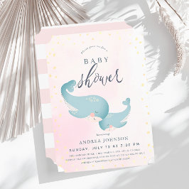 クジラ水彩桃色ガールベビーシャワー 招待状