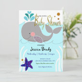 クジラ航海の金ゴールドフェイクスクリプト赤ちゃんシャワー 招待状 (スタンド正面)