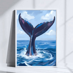 クジラ観察   青い海の水彩画 ポスター