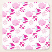 クジラ、かわいいクジラ、ピンク鯨 スクエアペーパーコースター (正面)