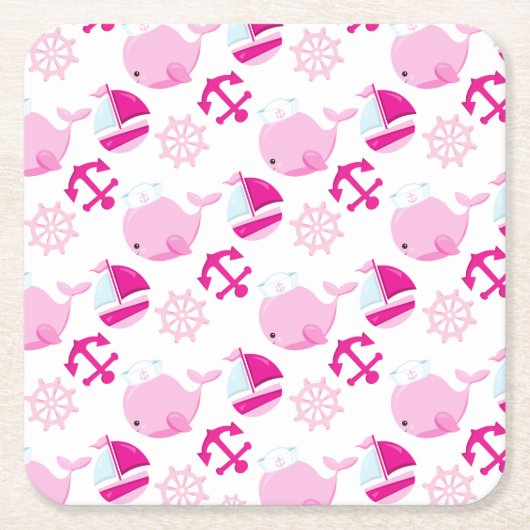 クジラ、かわいいクジラ、ピンク鯨 スクエアペーパーコースター (正面)
