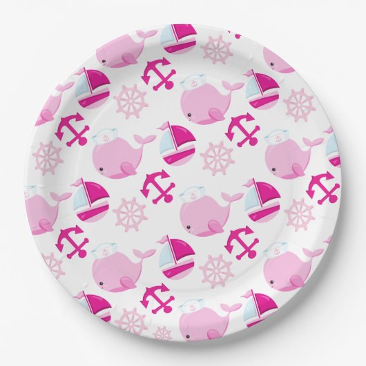 クジラ、かわいいクジラ、ピンク鯨 ペーパープレート (正面)