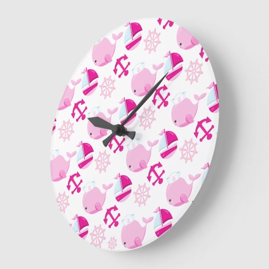 クジラ、かわいいクジラ、ピンク鯨 ラージ壁時計 (傾斜)