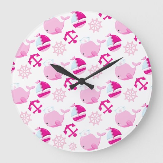 クジラ、かわいいクジラ、ピンク鯨 ラージ壁時計 (正面)
