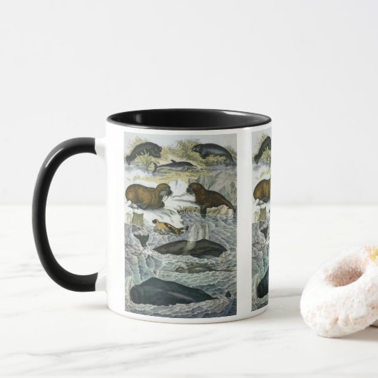 クジラ、アザラシ、セイウチ、ヴィンテージの海洋動物 マグカップ (ドーナツ)