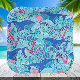 クジラ アンカー ヒトデ 海岸風 / おしゃれな海洋デザイン ペーパープレート