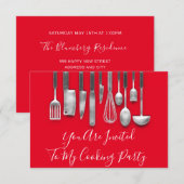 クッキングパーティーシェフ キッチン ホワイト グレー レッド 招待状 (正面/裏面)