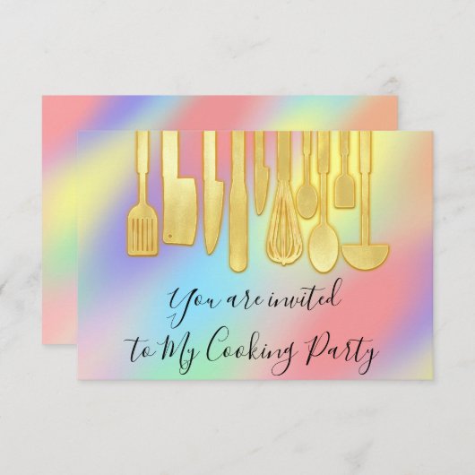 クッキングパーティー シェフ キッチン ホログラフ パステルカラー 招待状 (正面/裏面)