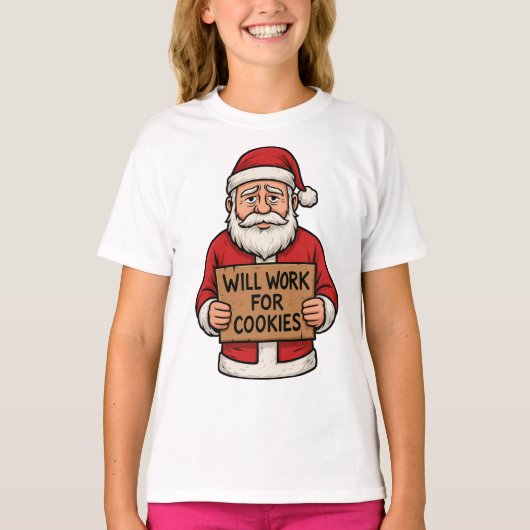 クッキーが欲しいなら働きます – 可愛い おもしろい サンタ クリスマス Tシャツ (正面)