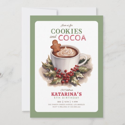 クッキーとココアのクリスマスの誕生日パーティー 招待状 (正面)