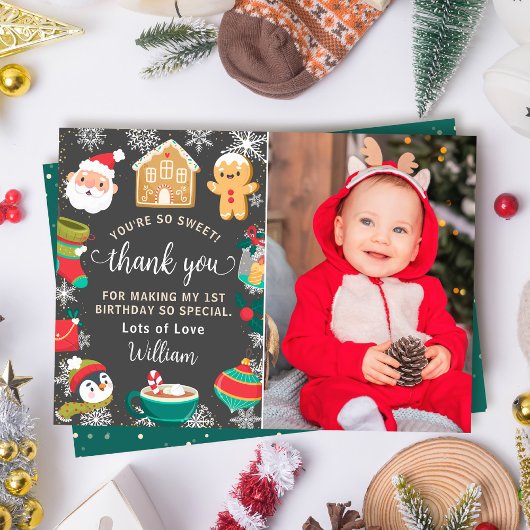 クッキーとココアのジンジャーブレッドキッズの誕生日写真 サンキューカード