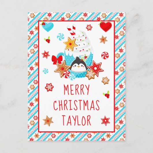 クッキーとココアブルーメリークリスマス シーズンポストカード (正面)