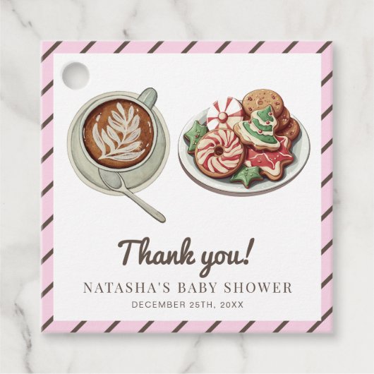 クッキーとココア暖かいパステルピンクの赤ちゃんシャワー フェイバータグ (正面)