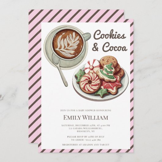 クッキーとココア暖かいパステルピンクの赤ちゃんシャワー 招待状 (正面/裏面)