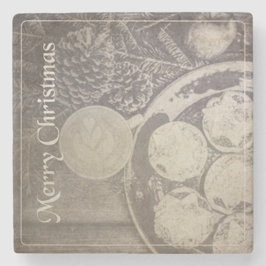 クッキーとコーヒーとヴィンテージクリスマスモチーフ ストーンコースター (正面)