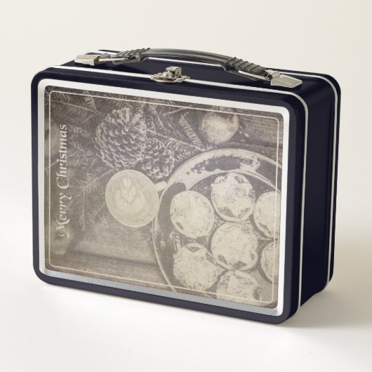 クッキーとコーヒーとヴィンテージクリスマスモチーフ メタルランチボックス (正面)