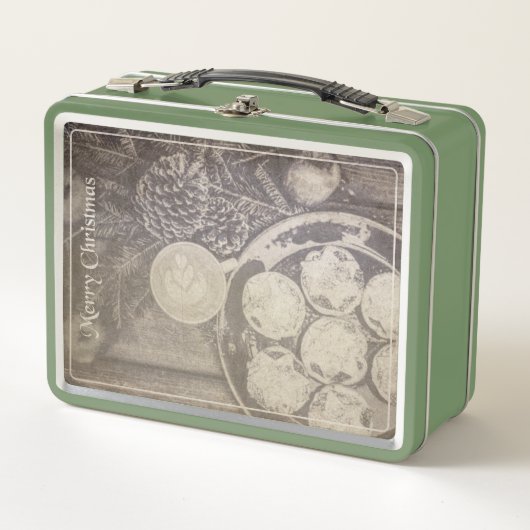 クッキーとコーヒーとヴィンテージクリスマスモチーフ メタルランチボックス (正面)