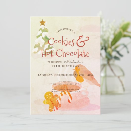「クッキーとホットチョコレート」冬の誕生日パーティー招待状 シーズンカード (スタンド正面)