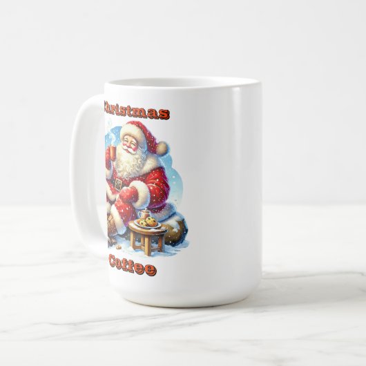 クッキーと温かい飲み物を楽しむサンタクロース コーヒーマグカップ (正面左)