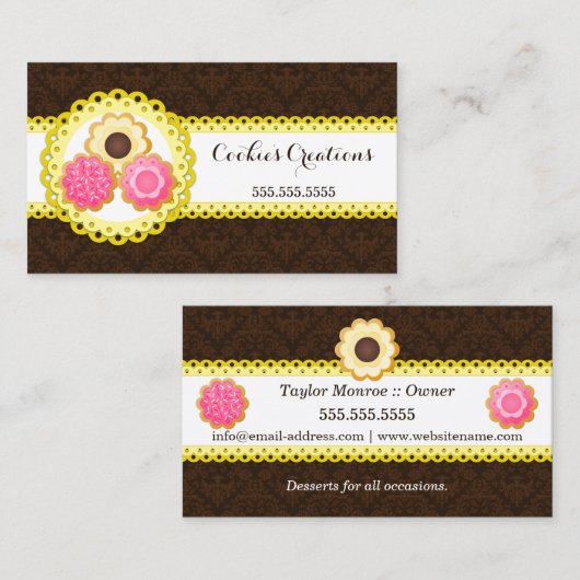 クッキーのベーカリーのダマスク織によってスカラップで仕上げられるボーダー 名刺 (正面/裏面)