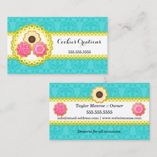 クッキーのベーカリーのダマスク織によってスカラップで仕上げられるボーダー 名刺 (正面/裏面)