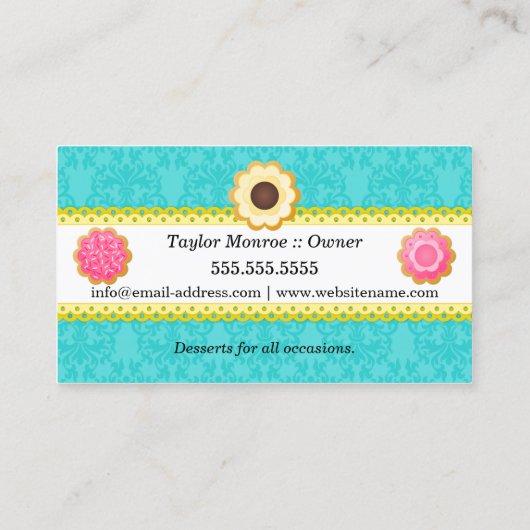 クッキーのベーカリーのダマスク織によってスカラップで仕上げられるボーダー 名刺 (裏面)