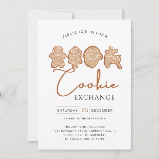 クッキーエクスチェンジミニマルジンガーブレッドホリデーパーティー 招待状 (正面)