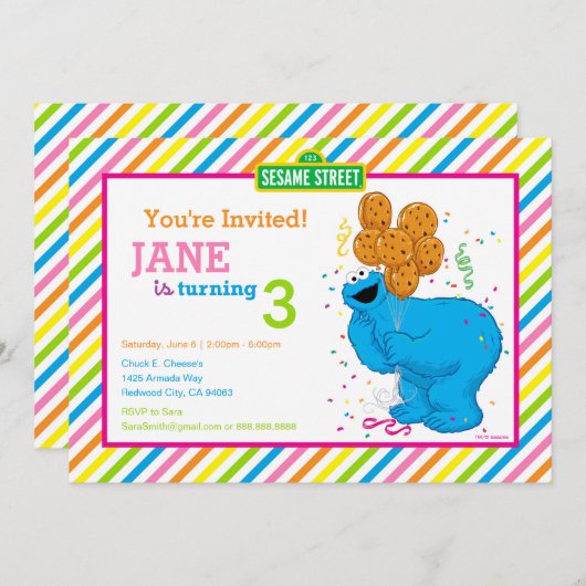 クッキーモンスターストライプの誕生日 招待状 (正面/裏面)