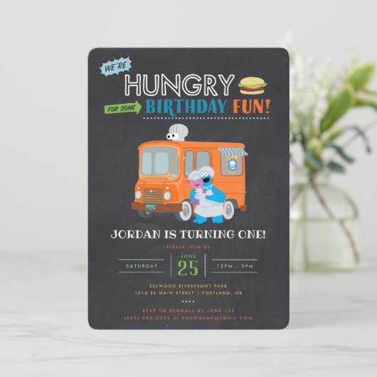 クッキーモンスターチャルクボードフードトラック誕生日インヴィ 招待状 (スタンド正面)