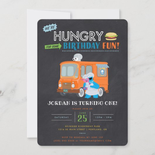 クッキーモンスターチャルクボードフードトラック誕生日インヴィ 招待状 (正面)