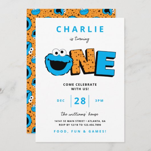 クッキーモンスターファースト誕生日招待状 招待状 (正面/裏面)