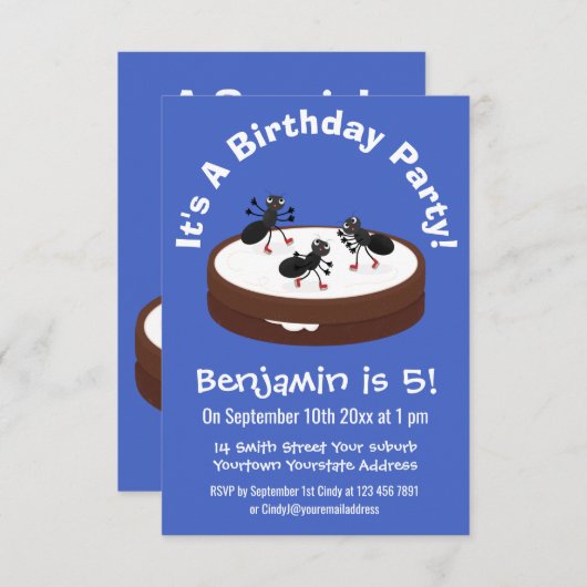 クッキー上でアイススケートを楽しむハッピーなアリの漫画 招待状 (正面/裏面)