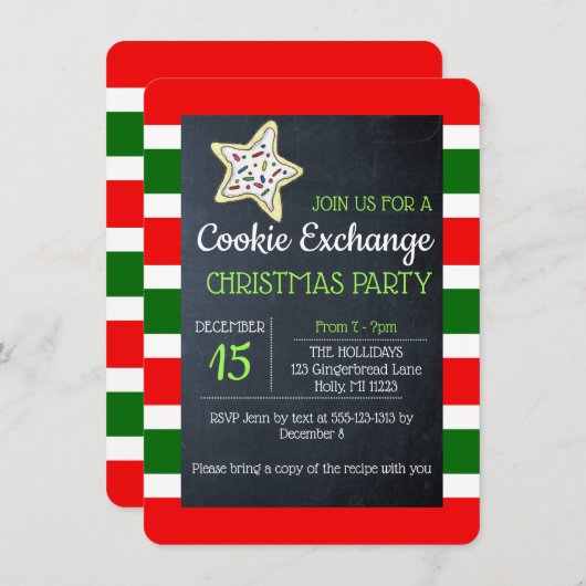 クッキー交換の黒板赤と緑のストライプ 招待状 (正面/裏面)