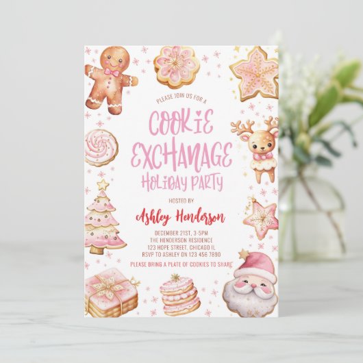 クッキー交換ピンククリスマスホリデーパーティー 招待状 (スタンド正面)