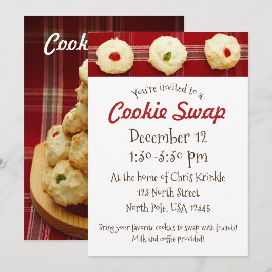 クッキー交換会 赤いチェックのサムプリント招待状 招待状 (正面/裏面)