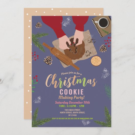 クッキー作りフェスティバルパーティークリスマスファミリー 招待状 (正面/裏面)
