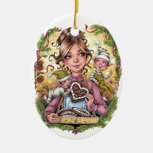 クッキー小妖精や小人かわいいクリスマスオーナメント セラミックオーナメント (正面)