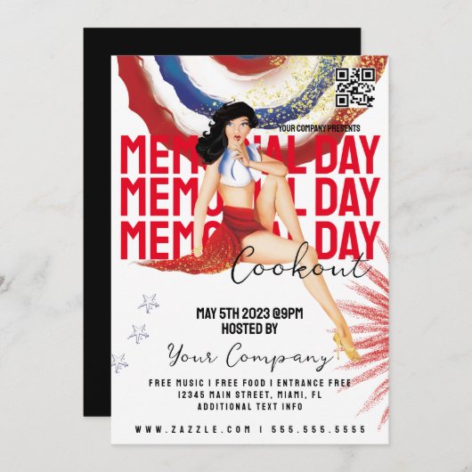 クックアウトメモリアルデーイベントガーリー愛国的チラシ 招待状 (正面/裏面)
