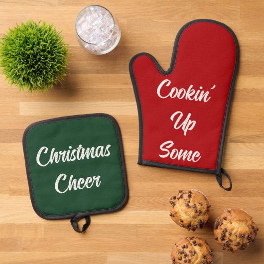クックイン'応援おもしろいクリスマスギフト赤い緑 鍋つかみ&鍋敷きセット (トップダウン)