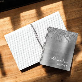 クックブックレシピブックシルバーグリッターモノグラム ノートブック