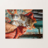 クッションと毛布と窓辺で眠る猫 ジグソーパズル (横)